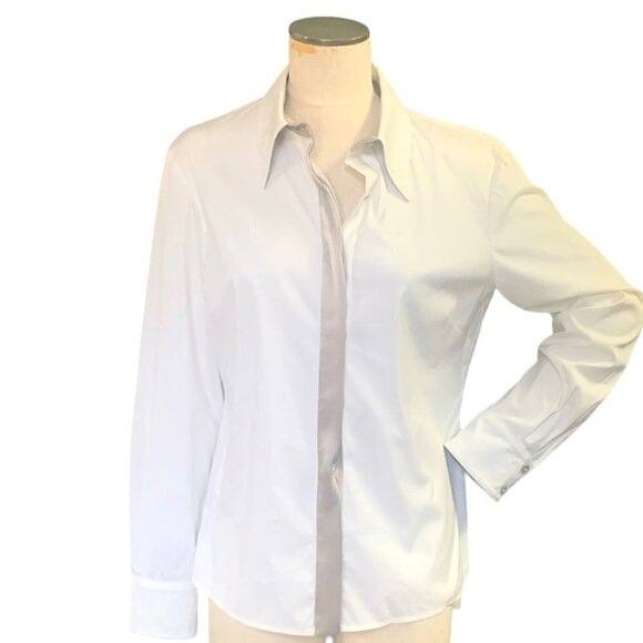 ST. JOHN Cotton Blend Satin Trim Button Down Top Sz 10 #139C - Picture 1 of 14